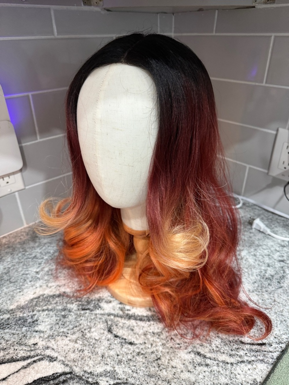 Wavy Ombre Red to Blonde Synthetic Wig with Soft Curls